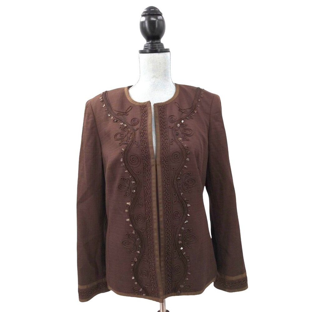 Talbots Jacket Blazer Womens 12 Petite Brown‎ Embroidered Bead Detail Stretch